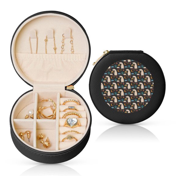 Naloa Cute Alpaca Round Jewelry Box, Travel Jewelry Organizer, 3.9 x 3.9 x 2in Jewelry Storage Box for Women-Black