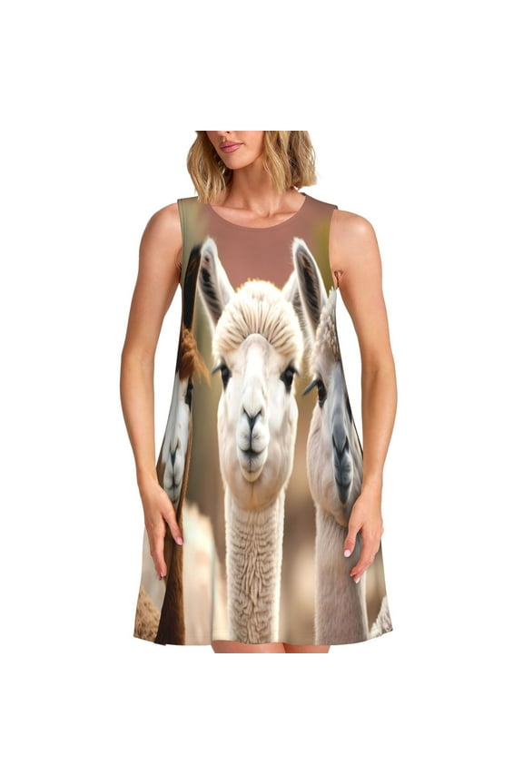 Cute Alpaca in Daze Print Women's Summer Spring Casual Beach Sundress,Vacation Sleeveless Tank Crewneck Loose Dresses