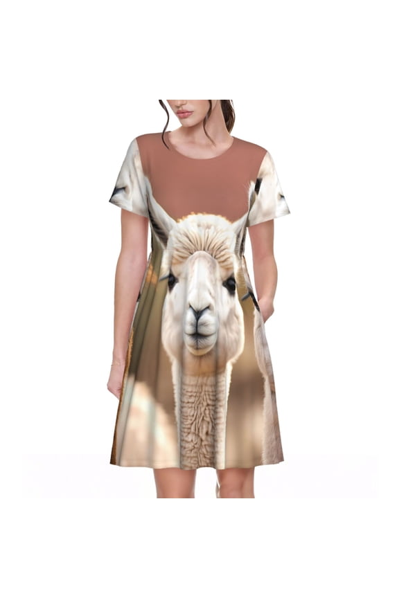 Cute Alpaca in Daze Print Womens Summer A-Line Dress with Pockets,Short Sleeve Dresses,Flowy Beach Swing Dress for Vacation Travel