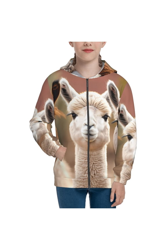 Cute Alpaca in Daze Teenage Zipper Hoodie, Long Sleeve Zip Up Hoodies Casual Jackets Tops for 7-12 Years-Small