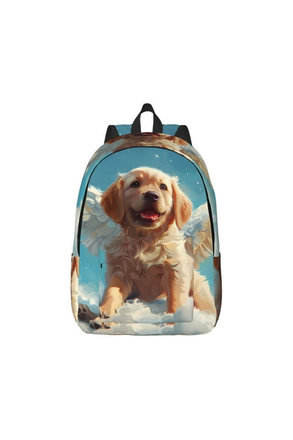 Cute Angel Winged Dog Canvas Backpack for Men Women Rucksack Casual Travel Daypack College Tote Satchel Bookbag for Teens-Small