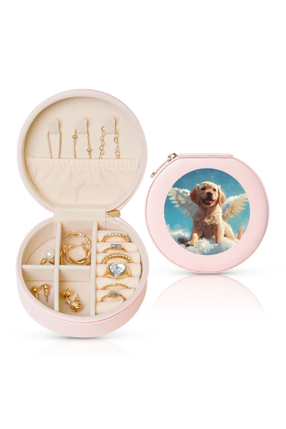 Cute Angel Winged Dog Round Jewelry Box, Travel Jewelry Organizer, 3.9 x 3.9 x 2in Jewelry Storage Box for Women-Pink