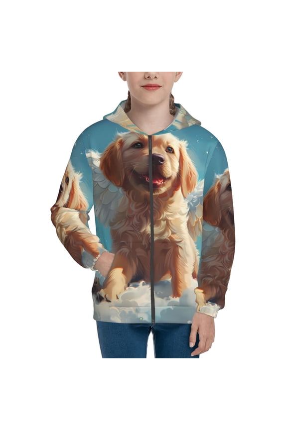 Cute Angel Winged Dog Teenage Zipper Hoodie, Long Sleeve Zip Up Hoodies Casual Jackets Tops for 7-12 Years-Small