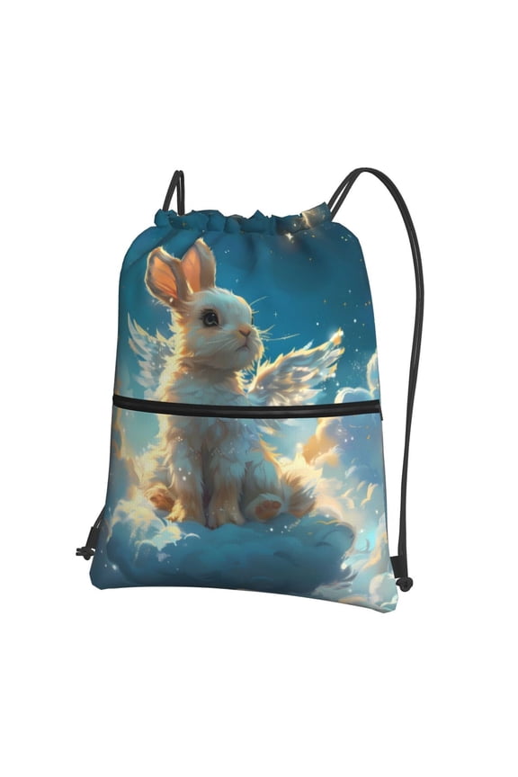 Cute Angel Winged Rabbit Drawstring Backpack String Bag Cinch Water Resistant for Gym Shopping Sport Yoga
