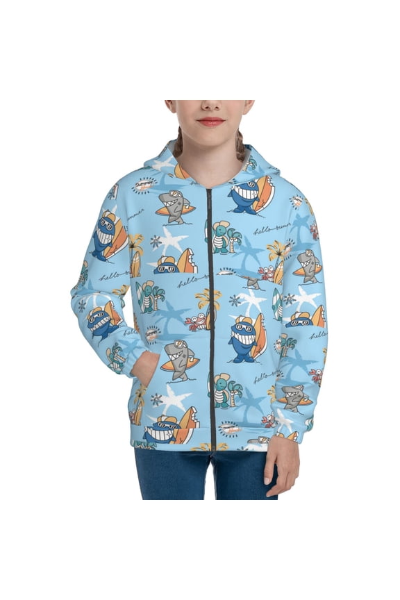 Cute Animals Surfers Teenage Zipper Hoodie, Long Sleeve Zip Up Hoodies Casual Jackets Tops for 7-12 Years-Medium