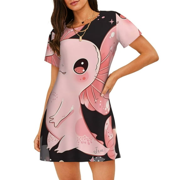 Naloa Cute Axolotl Sakura Blossoms A Print Women Nightgowns,Womens Loungewear,Short Sleeve Sleepwear,Comfy Ladies Nightdress
