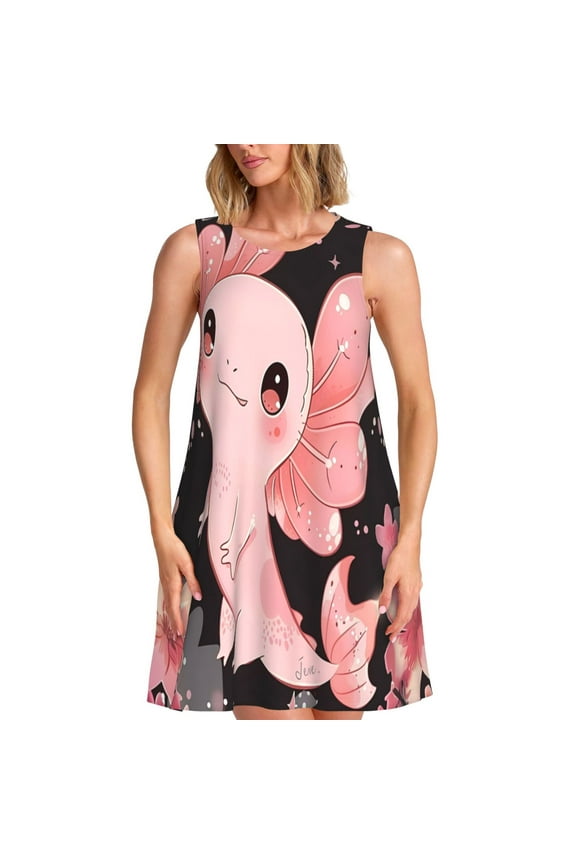 Cute Axolotl Sakura Blossoms A Print Women's Summer Spring Casual Beach Sundress,Vacation Sleeveless Tank Crewneck Loose Dresses