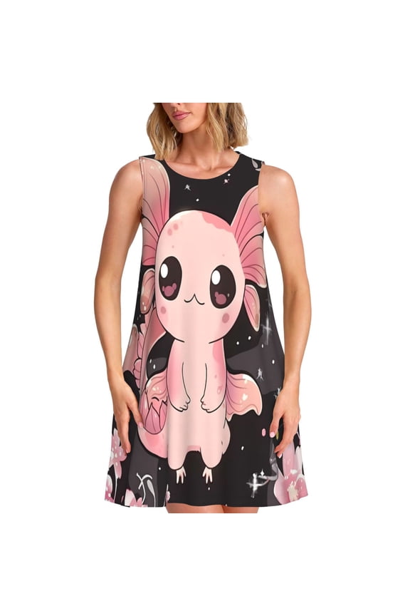Cute Axolotl Sakura Blossoms B Print Women's Summer Spring Casual Beach Sundress,Vacation Sleeveless Tank Crewneck Loose Dresses