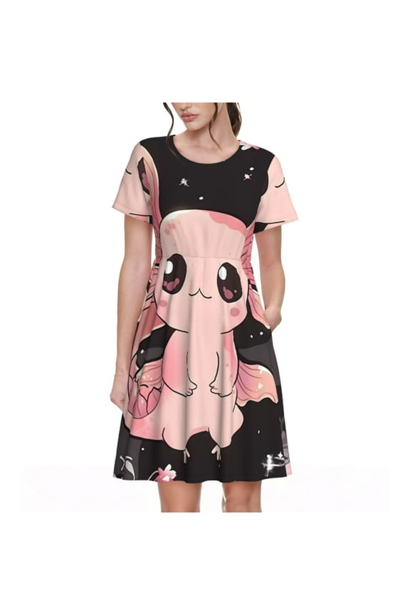 Cute Axolotl Sakura Blossoms B Print Womens Summer A-Line Dress with Pockets,Short Sleeve Dresses,Flowy Beach Swing Dress for Vacation Travel