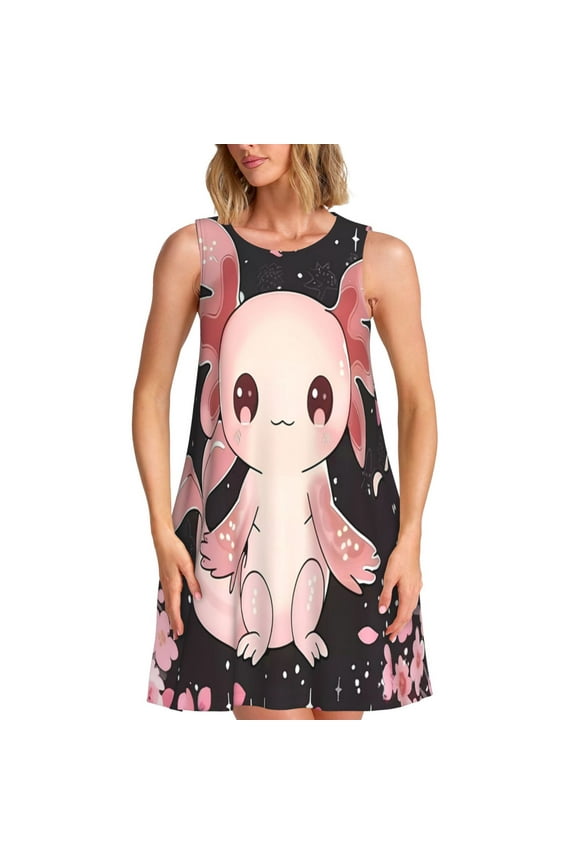 Cute Axolotl Sakura Blossoms Print Women's Summer Spring Casual Beach Sundress,Vacation Sleeveless Tank Crewneck Loose Dresses