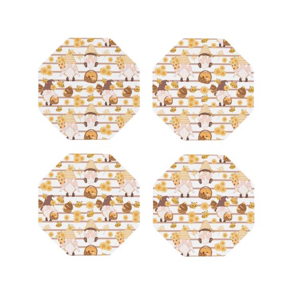 Naloa Cute Bee Gnome Leather Coasters for Drinks, Durable Drink Coasters 4 Set for Tabletop Protection, Luxurious Home Décor and Housewarming Gift ( {designName})Octagon