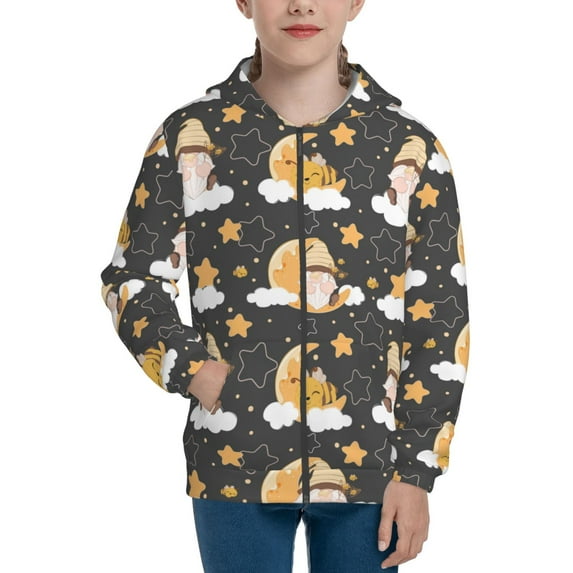 Naloa Cute Bee Gnome Teenage Zipper Hoodie, Long Sleeve Zip Up Hoodies Casual Jackets Tops for 7-12 Years-Medium