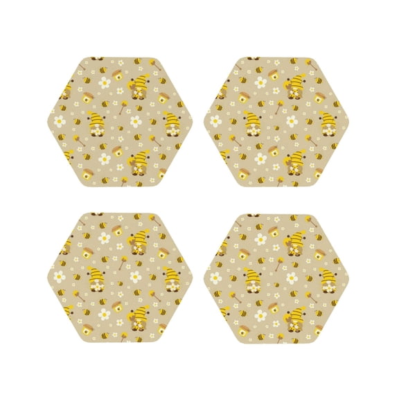 Naloa Cute Bee Gnomes Leather Coasters for Drinks, Durable Drink Coasters 4 Set for Tabletop Protection, Luxurious Home Décor and Housewarming Gift ( {designName})Hexagon
