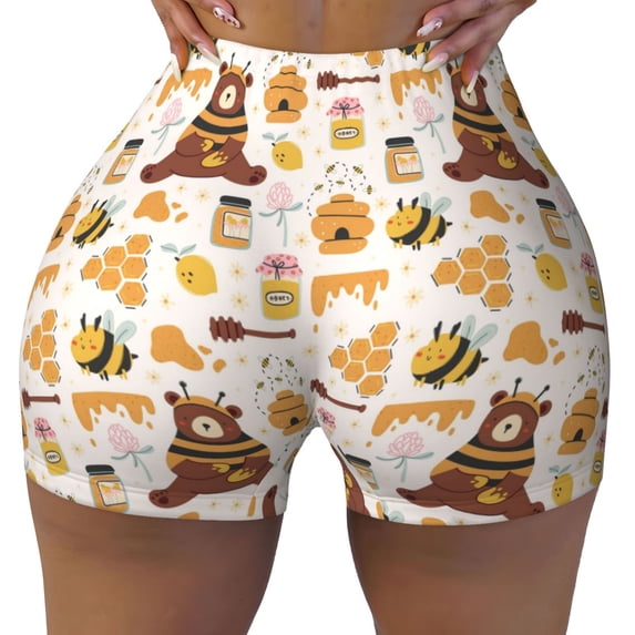 Naloa Cute Bee Honey Jar Hive Bear Biker Shorts for Women Seamless Scrunch Short Women’s Yoga Shorts for Gym Running Sport Shorts - Medium