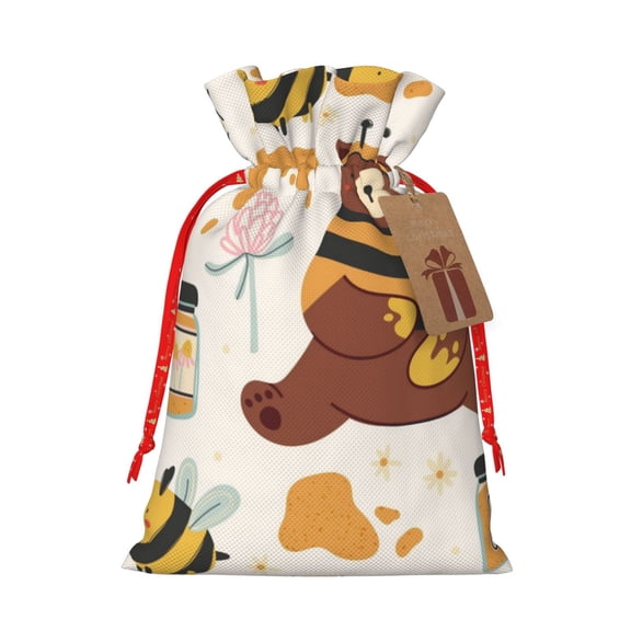Naloa Cute Bee Honey Jar Hive Bear Drawstring Christmas Bags, 3D Xmas Gift Bags, Christmas Wrapping Bags, Xmas Goodie Bags, Treat Pouch Bags, Party Favor Bags-Small