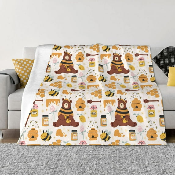 Naloa Cute Bee Honey Jar Hive Bear Flannel Blankets - Thick and Warm Blanket for Winter, Soft Fuzzy Plush King Blanket for All Seasons60"x50"