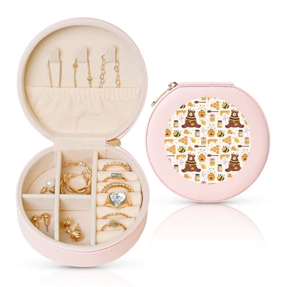 Naloa Cute Bee Honey Jar Hive Bear Round Jewelry Box, Travel Jewelry Organizer, 3.9 x 3.9 x 2in Jewelry Storage Box for Women-Pink