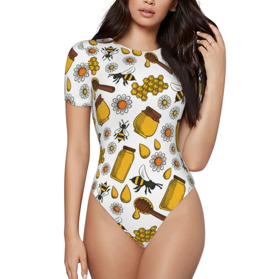 Naloa Cute Bee Women's Short-Sleeved Onesie, One-Piece Swimsuit for Parties, dates, clubs - X-Large