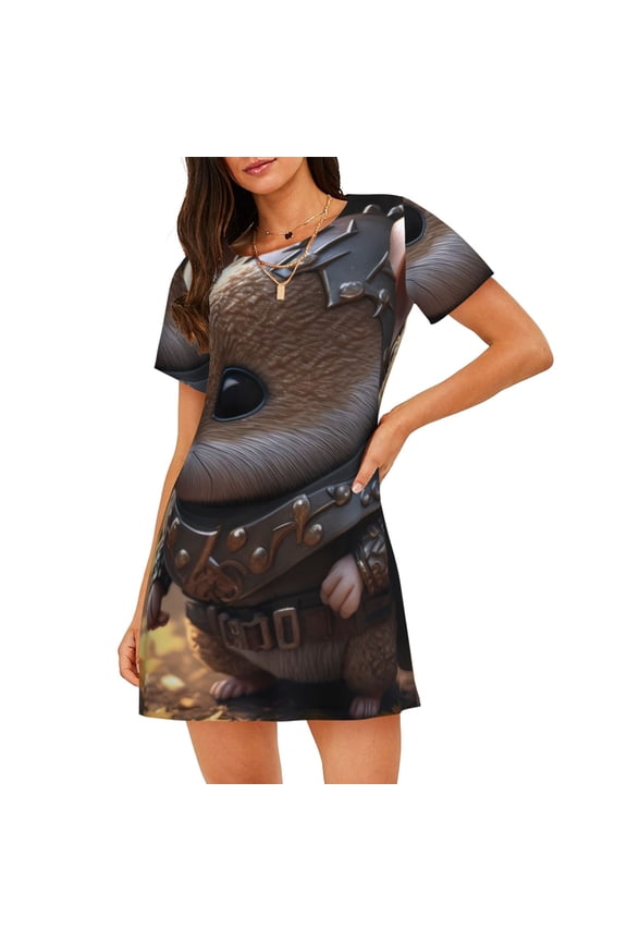 Cute Big-Eared Mouse Print Women Nightgowns,Womens Loungewear,Short Sleeve Sleepwear,Comfy Ladies Nightdress