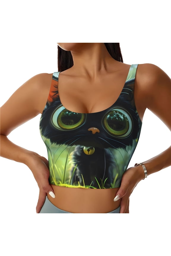 Cute Big-Eyed Black Cat Sports Bras for Women,Sports Bras for Women High Support with Removable Pads-X-Large