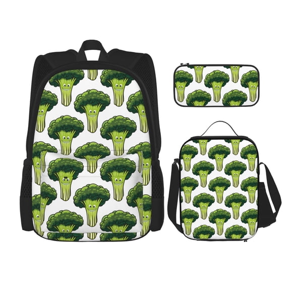 Naloa Cute Broccoli Print Large Capacity Backpack Lunch Bag Pencil Case Combination 3 Piece Set for Student