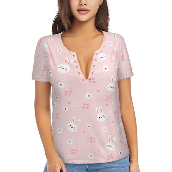 Naloa Cute Bunny Print T-Shirts Short Sleeve V Neck Tees for Women Fashion Tops Trendy Lightweight Soft Casual Summer Outfits Clothes