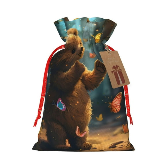 Naloa Cute Butterfly Bear Drawstring Christmas Bags, 3D Xmas Gift Bags, Christmas Wrapping Bags, Xmas Goodie Bags, Treat Pouch Bags, Party Favor Bags-Medium