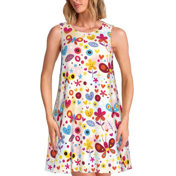 Naloa Cute Butterfly Flowers Print Women's Summer Spring Casual Beach Sundress,Vacation Sleeveless Tank Crewneck Loose Dresses
