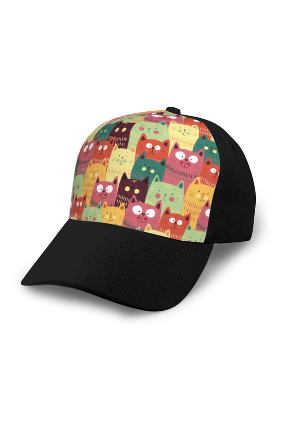 Cute Cartoon Cat Adult adjustable Print Baseball Hat, Patchwork curved brim baseball capfor Men and Women, One Size