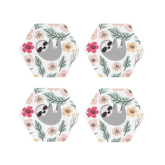 Naloa Cute Cartoon Sloth Leather Coasters for Drinks, Durable Drink Coasters 4 Set for Tabletop Protection, Luxurious Home Décor and Housewarming Gift ( {designName})Hexagon