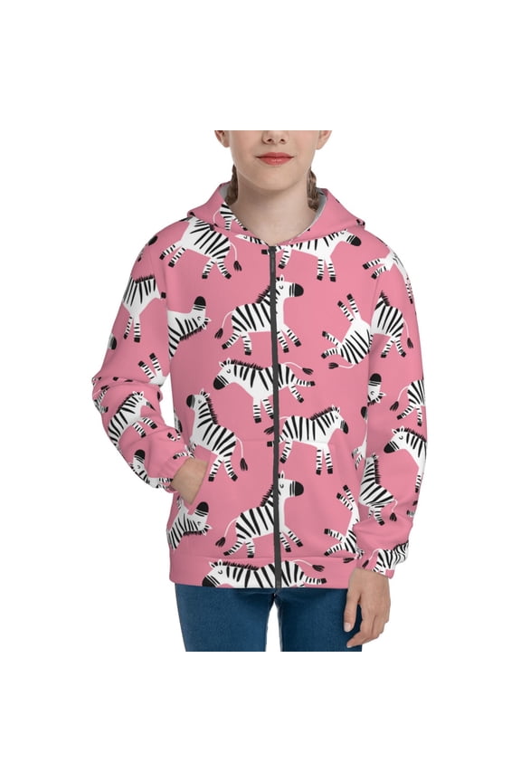 Cute Cartoon Zebra Teenage Zipper Hoodie, Long Sleeve Zip Up Hoodies Casual Jackets Tops for 7-12 Years-Medium