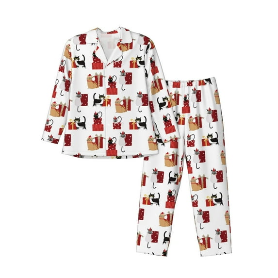 Naloa Cute Cat And Christmas Gift Men’s Pajamas Set - Long Sleeve Button Down Sleep Shirt and Pajama Bottoms Sleepwear Set-XX-Large