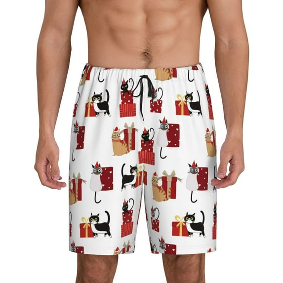 Naloa Cute Cat And Christmas Gift Men's Short Pajama Pants, Lounge Comfort Shorts with Elasticized Waistband and Side Pockets - Large
