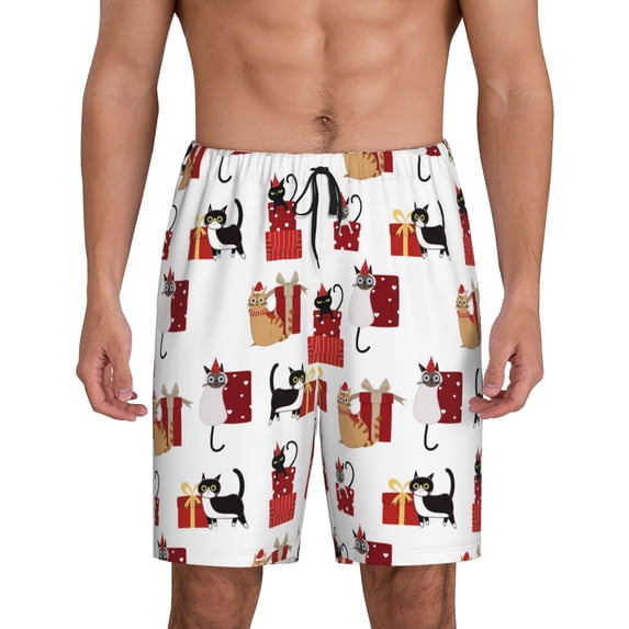 Naloa Cute Cat And Christmas Gift Men's Short Pajama Pants, Lounge Comfort Shorts with Elasticized Waistband and Side Pockets - Medium