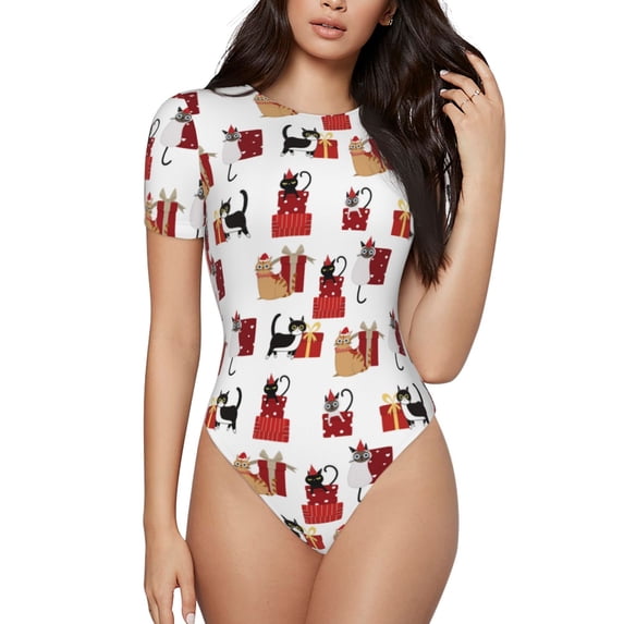 Naloa Cute Cat And Christmas Gift Women's Short-Sleeved Onesie, One-Piece Swimsuit for Parties, dates, clubs - X-Large