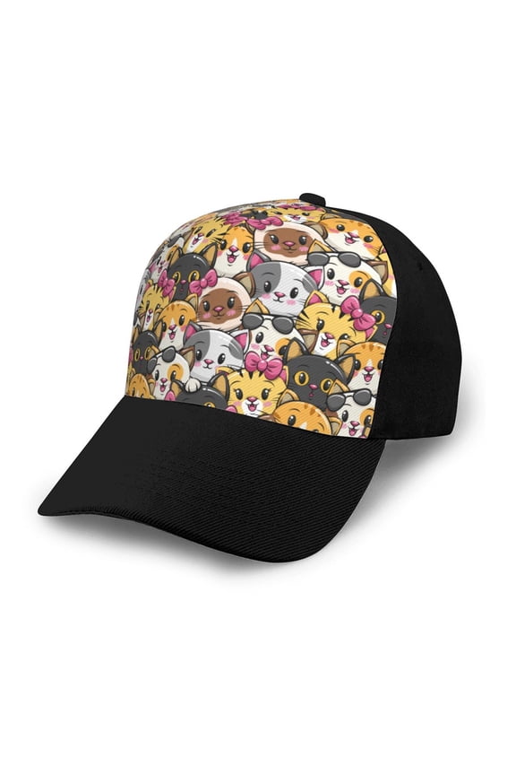 Cute Cat Cartoon Adult adjustable Print Baseball Hat, Patchwork curved brim baseball capfor Men and Women, One Size