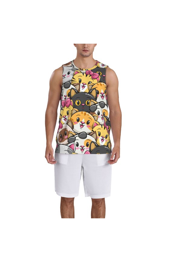 Cute Cat Cartoon Basketball Jersey Reversible Men's Mesh Athletic Sports Shirts Training Practice S-4XLX-Large