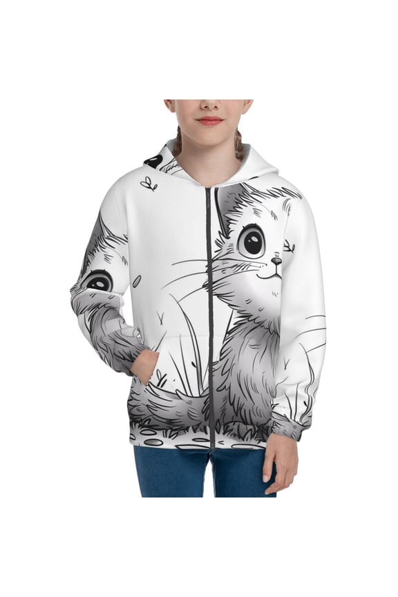 Cute Cat Meadow Sketch Teenage Zipper Hoodie, Long Sleeve Zip Up Hoodies Casual Jackets Tops for 7-12 Years-Medium