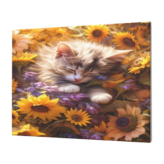 Naloa Cute Cat Sunflower Print Canvas Picture,Wall Pictures, Modern Decorative Poster,Art Prints for Bedroom, Toilet, 40 x 30 cm, Built-in Wooden Frame