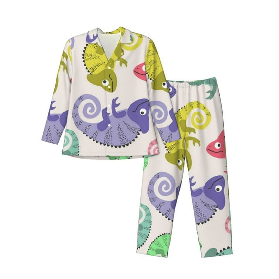 Naloa Cute Chameleons Men’s Pajamas Set - Long Sleeve Button Down Sleep Shirt and Pajama Bottoms Sleepwear Set-X-Large