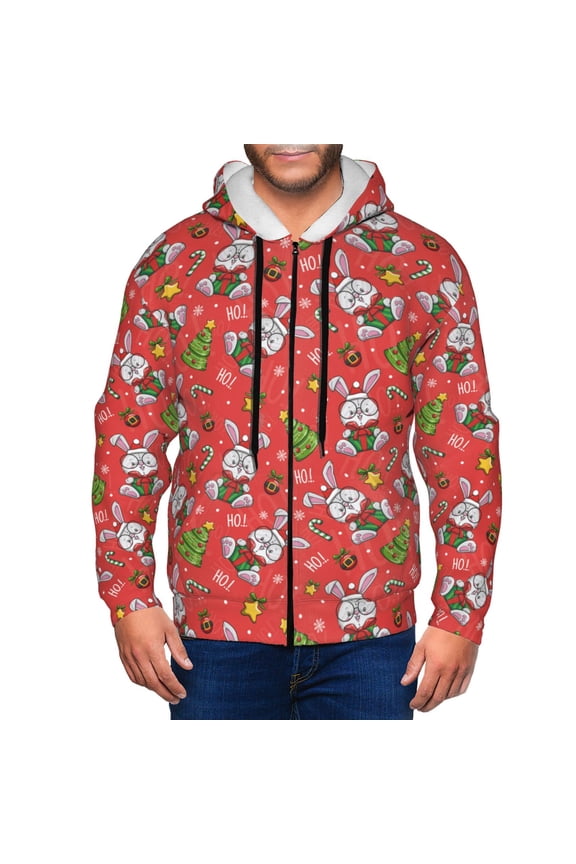 Cute Christmas Bunny Men’s Hoodies, Zip up Hoodie, Sweatshirts,Hoodies for Men Sizes S-3XL-Small