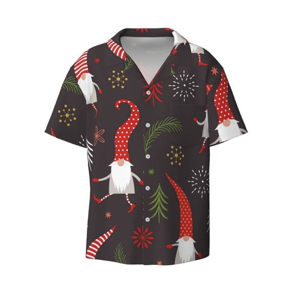 Naloa Cute Christmas Gnomes Men's Loose Fit Cuban Collar Short-Sleeve Shirt with Button-down and Chest Pocket for Everyday Wear Outings - XX-Large