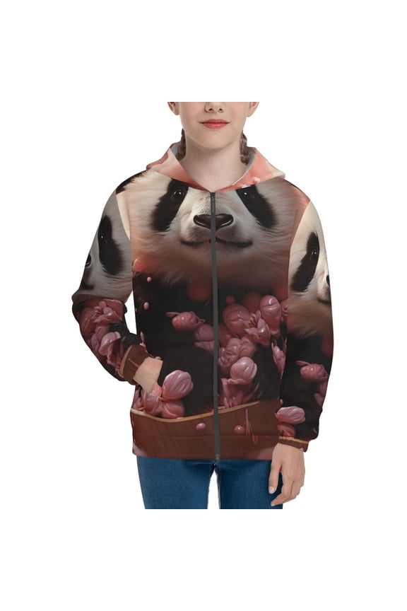 Cute Cloud Panda Teenage Zipper Hoodie, Long Sleeve Zip Up Hoodies Casual Jackets Tops for 7-12 Years-Small