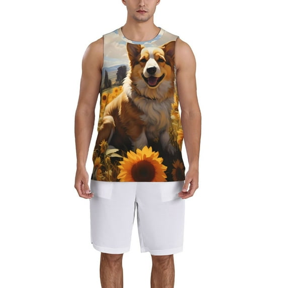 Naloa Cute Corgi Sunflower Basketball Jersey Reversible Men's Mesh Athletic Sports Shirts Training Practice S-4XL4X-Large