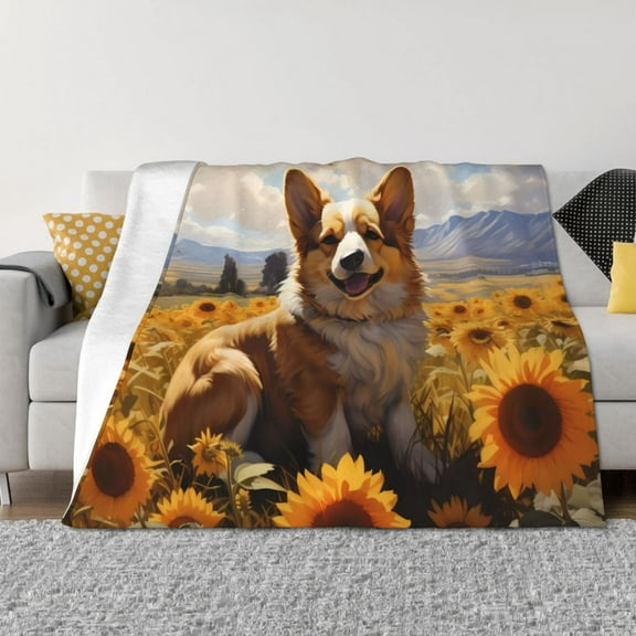 Naloa Cute Corgi Sunflower Flannel Blankets - Thick and Warm Blanket for Winter, Soft Fuzzy Plush King Blanket for All Seasons80"x60"