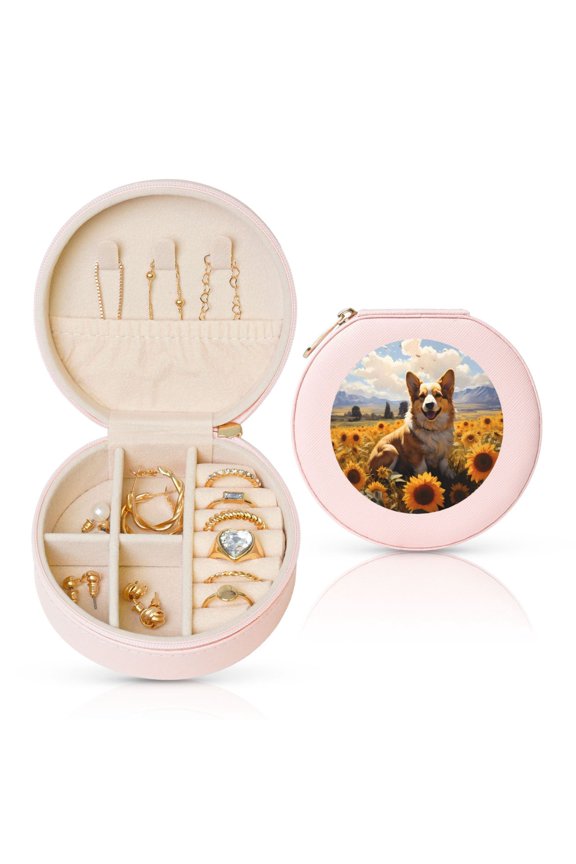 Cute Corgi Sunflower Round Jewelry Box, Travel Jewelry Organizer, 3.9 x 3.9 x 2in Jewelry Storage Box for Women-Pink