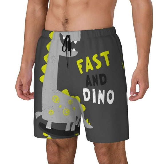 Naloa Cute Dinosaur Print Men Swim Trunks with Compression Liner ,Board Shorts,Men's Swim Shorts with Drawstring and Elastic Waistband-Medium