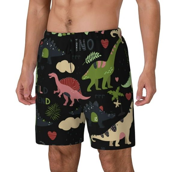 Naloa Cute Dinosaurs Print Men Swim Trunks with Compression Liner ,Board Shorts,Men's Swim Shorts with Drawstring and Elastic Waistband-X-Large