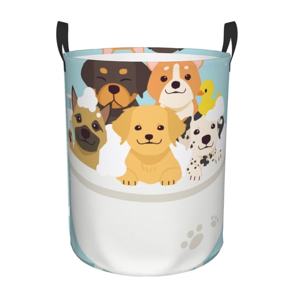 Naloa Cute Dog In Bathtub Large Laundry Basket Waterproof Round Collapsible Storage bin with Handles for Hamper Kids Room,Toy Storage