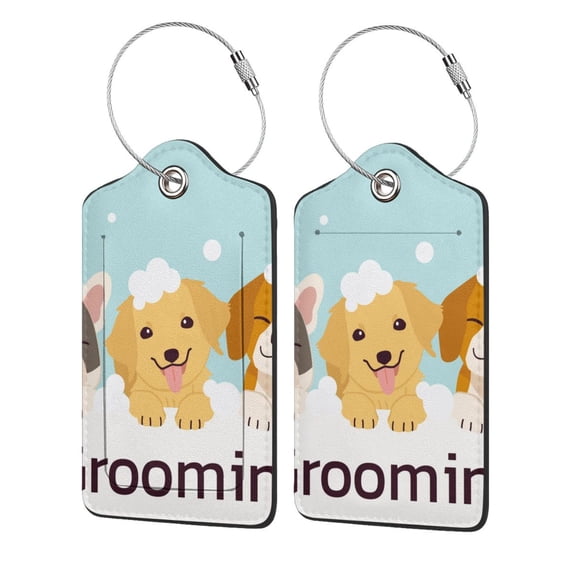 Naloa Cute Dog In Bathtub1 Luggage Tag for Suitcase Leather Baggage Tag with Stainless Steel Loop Privacy Cover for Women Men Girls-2 PCS